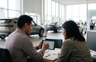 Vendedor y cliente revisando una tableta en el escritorio de una concesionaria