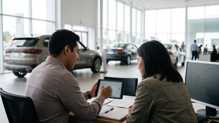 Vendedor y cliente revisando una tableta en el escritorio de una concesionaria