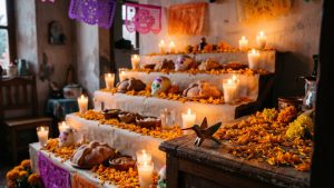 Ofrenda de Día de Muertos con velas, cempasúchil y pan de muerto