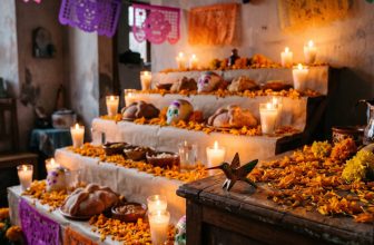 Ofrenda de Día de Muertos con velas, cempasúchil y pan de muerto