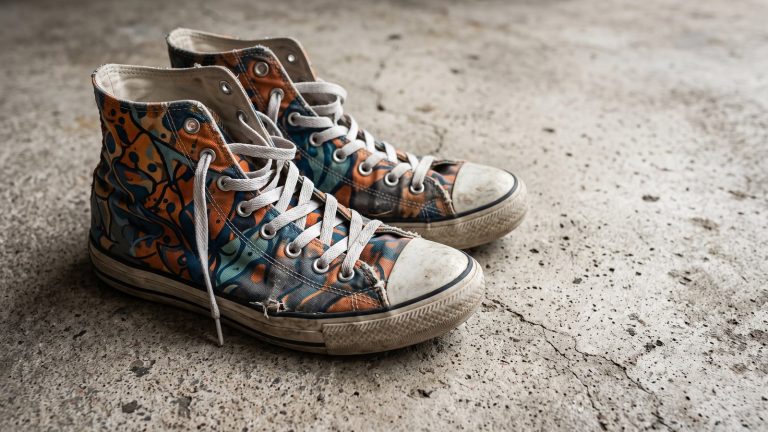 Par de tenis de lona con estampados abstractos sobre un piso de concreto
