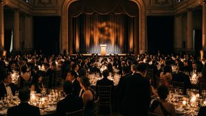 Escenario de una gala de premios con mesas redondas y luces cálidas