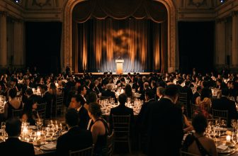 Escenario de una gala de premios con mesas redondas y luces cálidas