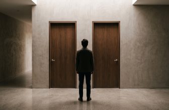 Persona de espaldas frente a dos puertas idénticas en un pasillo minimalista
