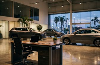 Sala de exhibición de una agencia de autos al cierre, con autos nuevos y un escritorio vacío