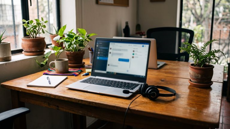 Escritorio de atención a clientes con laptop y diadema telefónica