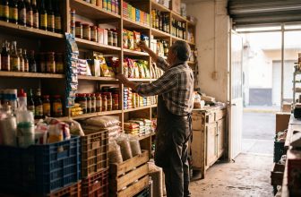 Dueño de una pequeña tienda acomodando productos en anaqueles de madera por la mañana