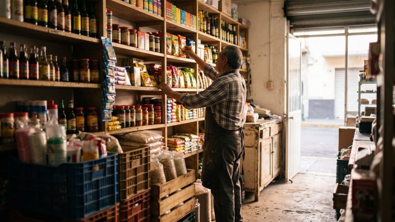 Dueño de una pequeña tienda acomodando productos en anaqueles de madera por la mañana