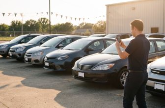 Persona fotografiando un auto seminuevo con su celular en el patio de una agencia