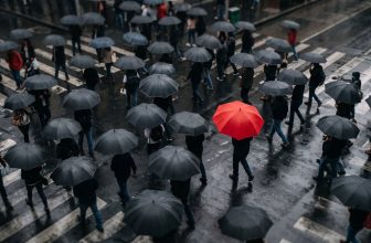 Un paraguas rojo entre una multitud de paraguas negros en una calle lluviosa