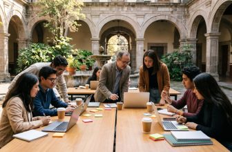 Equipos de estudiantes trabajando con laptops en el patio de una universidad